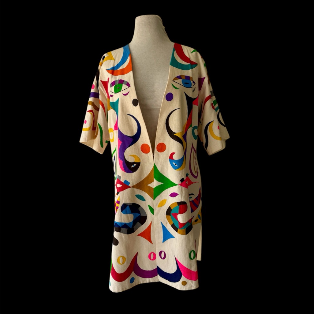 Vtg Colorful Hand Painted Mexican Aztec Otomi Style Jacket L Xl Art Wear As Is